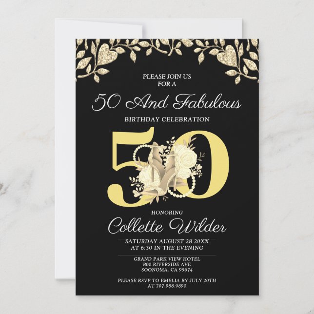 Invitation 50 Et Fabuleux Anniversaire Noir Or (Devant)