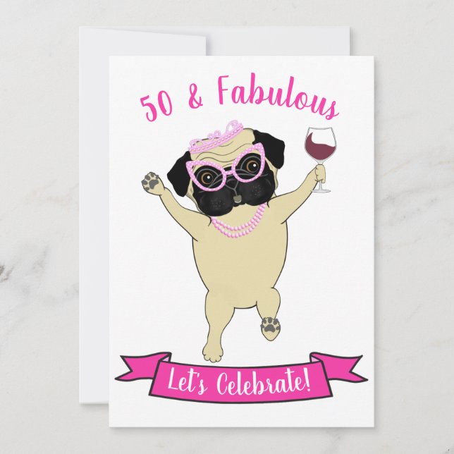 Invitation 50 et fabuleux Carlin drôle Chien Diva rose Annive (Devant)