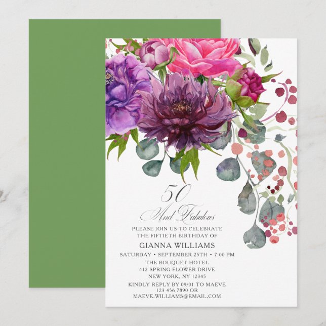Invitation 50 et fabuleux Elegant Floral 50e Anniversaire (Devant / Derrière)