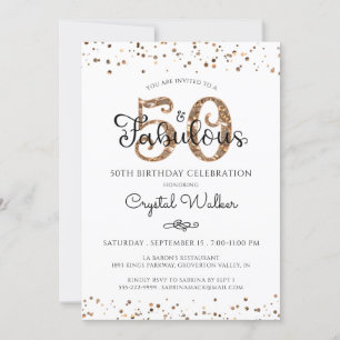 Invitation 50 ET FABULEUX Élégant Script Noir Confetti Or