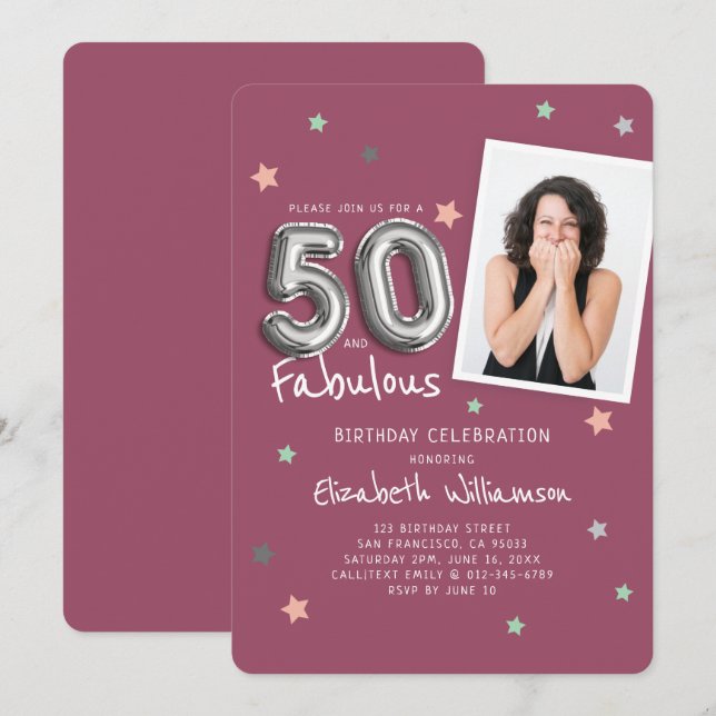 Invitation 50 et fabuleux Foil Balloon Stars Photo Anniversai (Devant / Derrière)