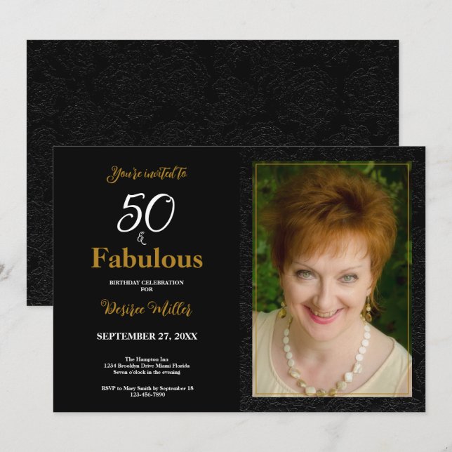 Invitation 50 Et Fabuleux Gold Black Floral Anniversaire (Devant / Derrière)