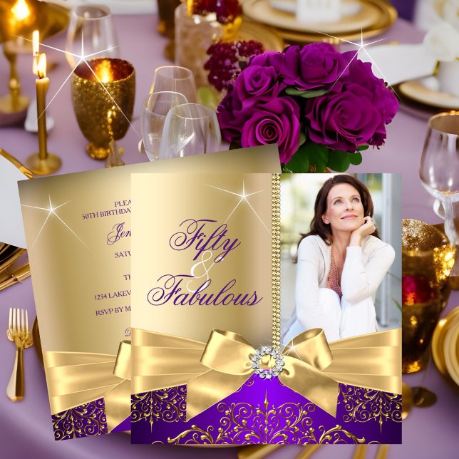 Invitation 50 et fabuleux Photo Gold Purple Bow 50e anniversa (Créateur téléchargé)