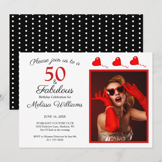 Invitation 50 et fabuleux Photo Rouge 50e anniversaire Noir W (Devant / Derrière)