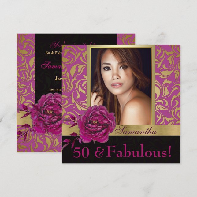 Invitation 50 et fabuleux Purple Gold Damask Photo Anniversai (Devant / Derrière)