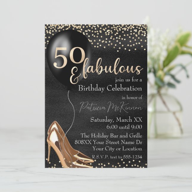 Invitation 50 et fabuleux talons or haute sur noir (Debout devant)