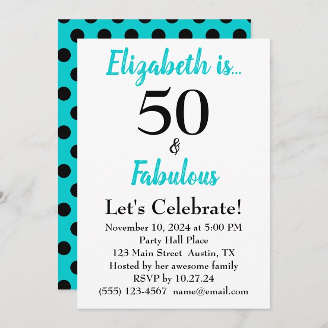 Invitation 50 et Fabuleux Turquoise Blue Anniversaire (Devant / Derrière)