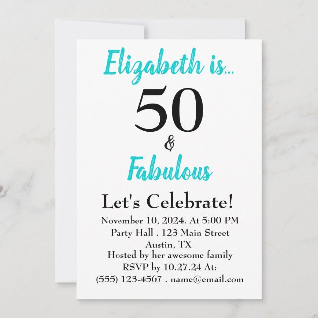 Invitation 50 et Fabuleux Turquoise fête d'anniversaire (Devant)