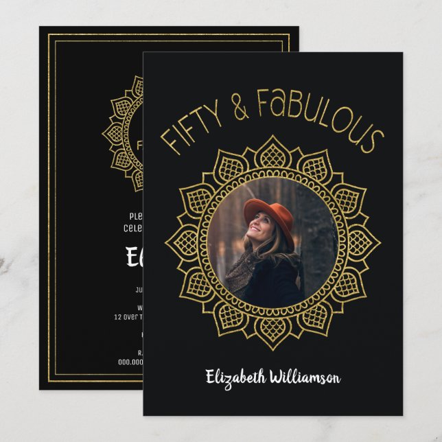 Invitation 50 et Fabulous Black Gold Elegant Party (Devant / Derrière)