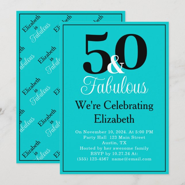 Invitation 50 et Fabulous Black sur Turquoise Blue (Devant / Derrière)