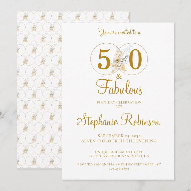 Invitation 50 et Fabulous Gold 50e fête d'anniversaire (Devant / Derrière)