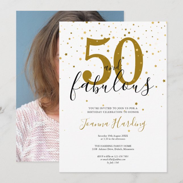 Invitation 50 et Fabulous Gold Black 50th Birthday Photo (Devant / Derrière)