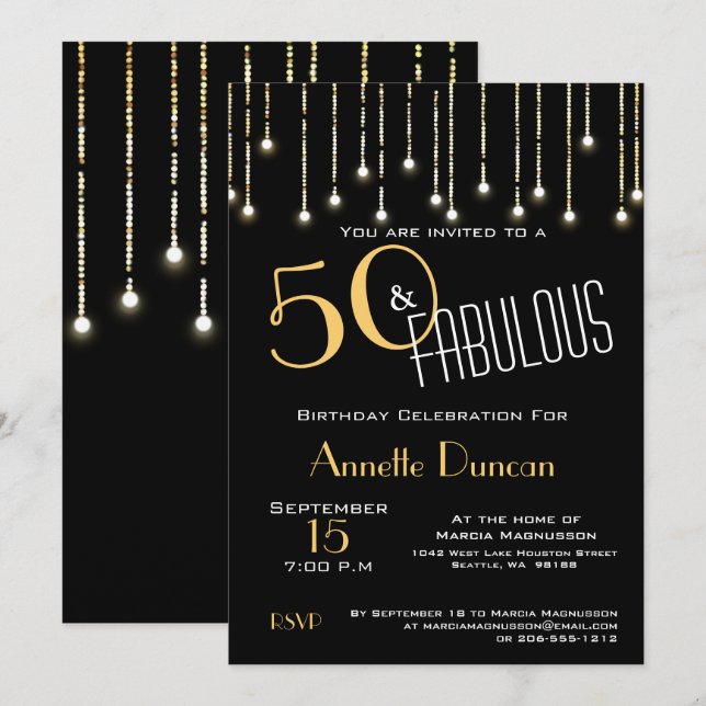 Invitation 50 et Fabulous Gold Black Lights fête d'anniversai (Devant / Derrière)