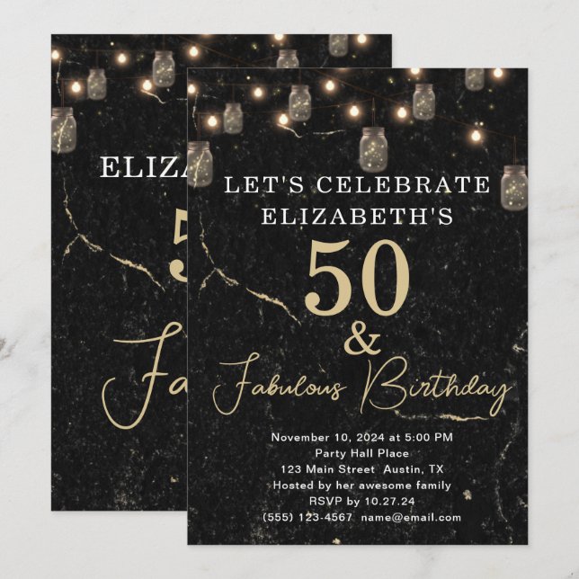 Invitation 50 et Fabulous Gold Marbre noir Mason Jar Lumières (Devant / Derrière)