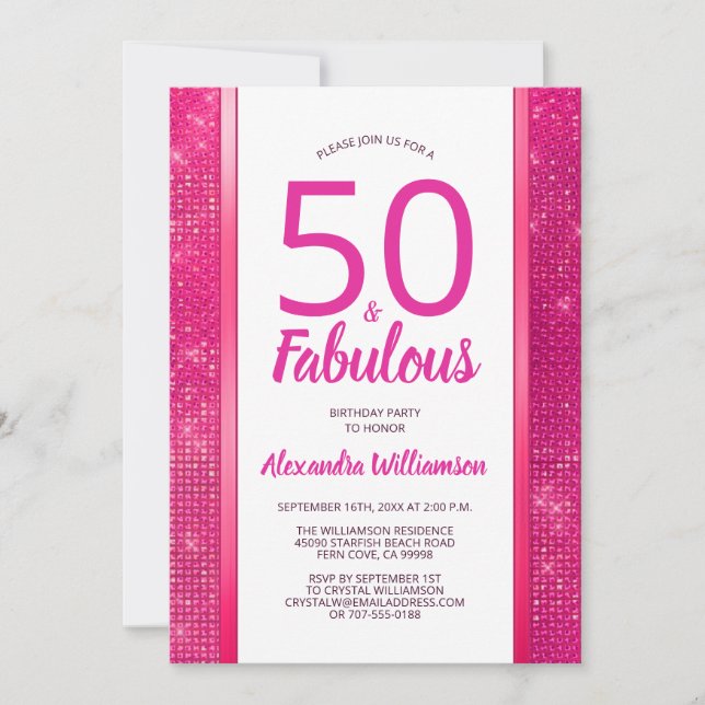 Invitation 50 et Fabulous Hot Pink Glam 50e fête d'anniversai (Devant)