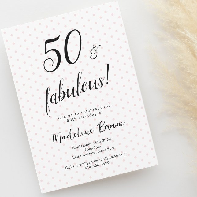 Invitation 50 et Fabulous Rose Black 50e anniversaire (50 and fabulous birthday invitation, pink polka dots.)