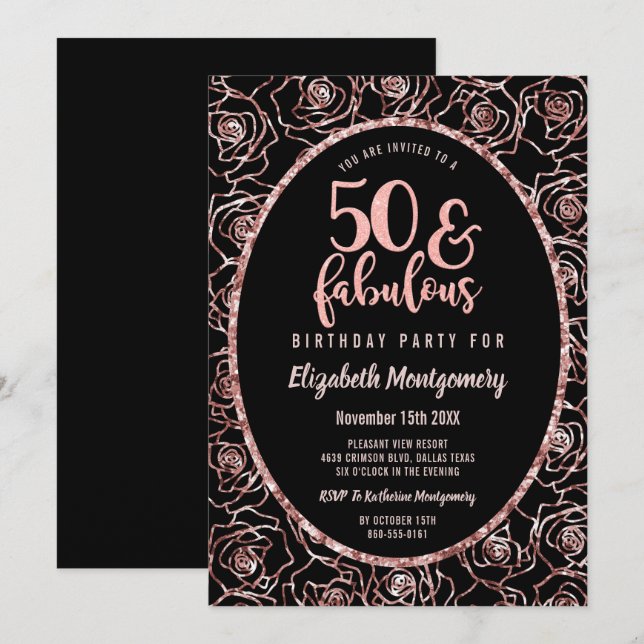 Invitation 50 Et Fabulous Rose Gold fête d'anniversaire (Devant / Derrière)