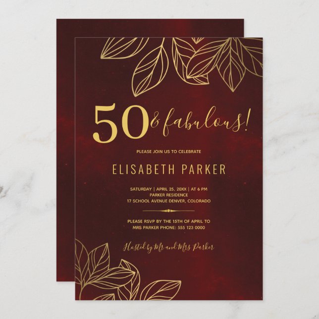 Invitation 50 et or fabuleux élégant 50e anniversaire fête (Devant / Derrière)