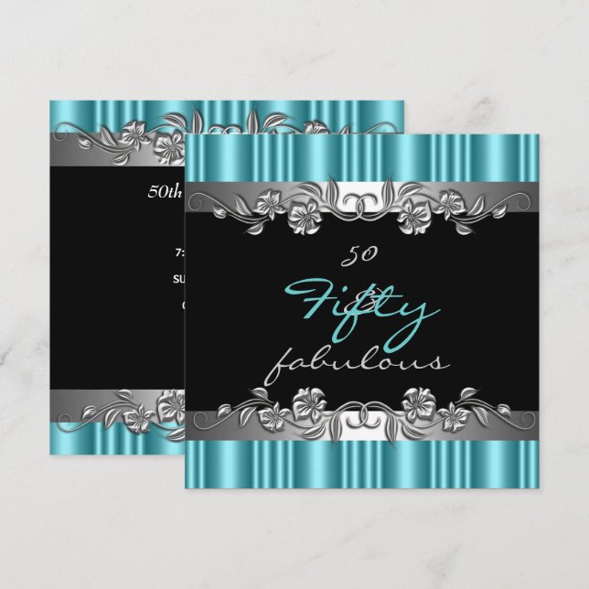 Invitation 50 & Fabuleux 50e anniversaire fête Argent Turquoi (Devant / Derrière)