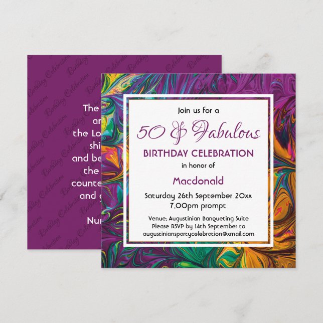 Invitation 50 & Fabuleux Abstrait PURPLE personnalisé Anniver (Devant / Derrière)