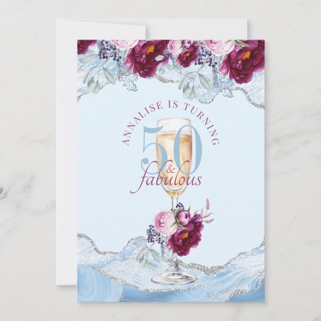 Invitation 50 Fabuleux Agate Bleu Fête d'anniversaire Floral (Devant)