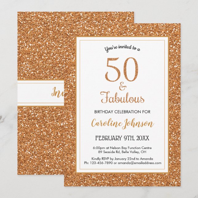 Invitation 50 & Fabuleux anniversaire Sparkly Gold Parties sc (Devant / Derrière)