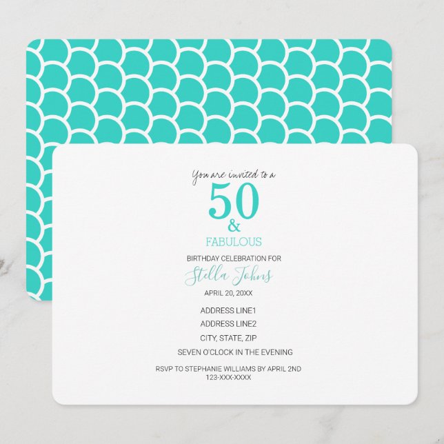 Invitation 50 & Fabuleux anniversaire Turquoise Mermaid Beach (Devant / Derrière)
