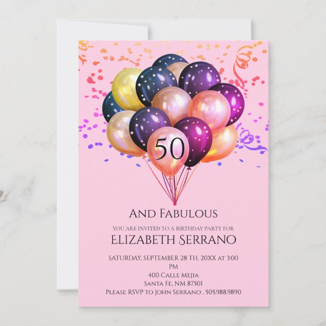 Invitation 50 Fabuleux Ballons métalliques Anniversaires rose (Devant)