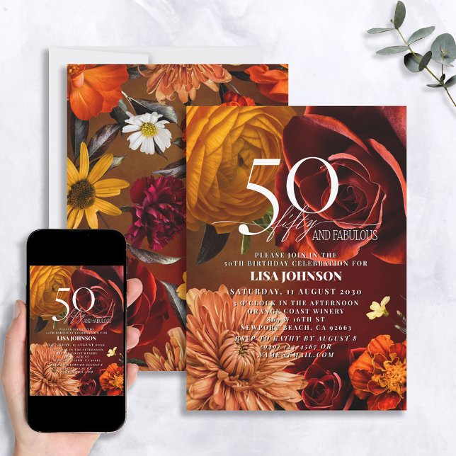 Invitation 50 & Fabuleux Couleur de soleil foncé Moody Floral (Créateur téléchargé)