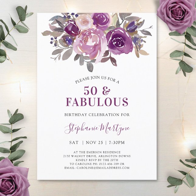 Invitation 50 & Fabuleux Dusty Mauve Purple Floral Anniversai (Créateur téléchargé)