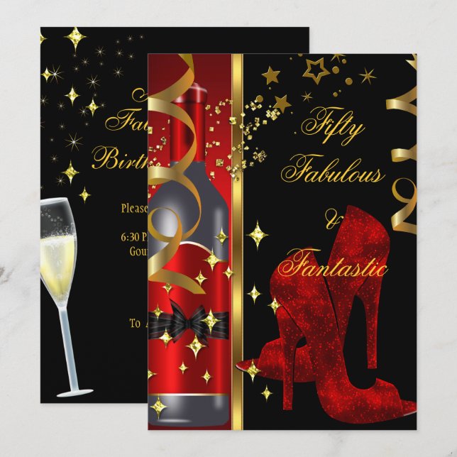 Invitation 50 & Fabuleux Fantastic Red Black Gold Anniversair (Devant / Derrière)