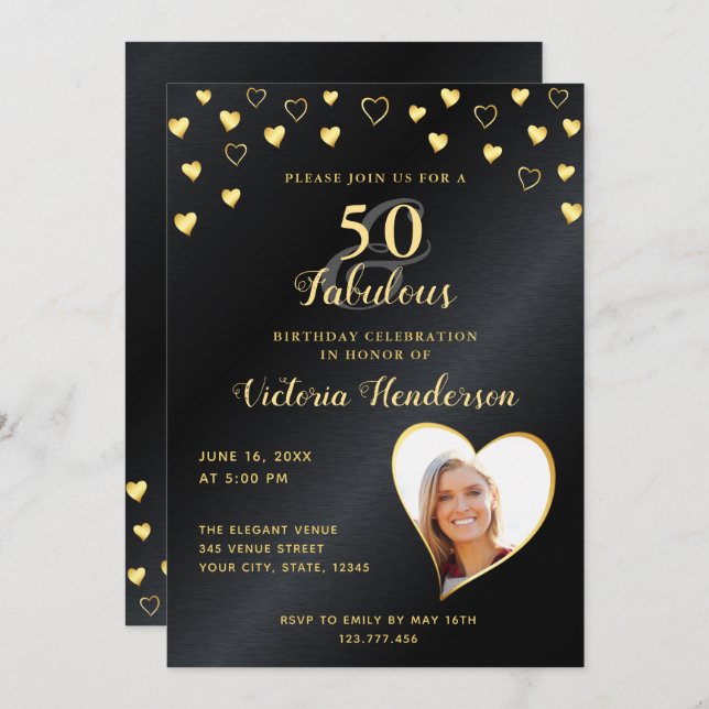 Invitation 50 & Fabuleux Faux Black Metallic & Gold Anniversa (Devant / Derrière)