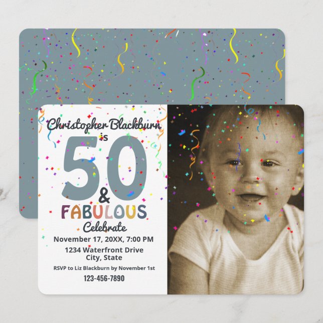Invitation 50 & Fabuleux Photo Bleue Cinquantième fête d'anni (Devant / Derrière)