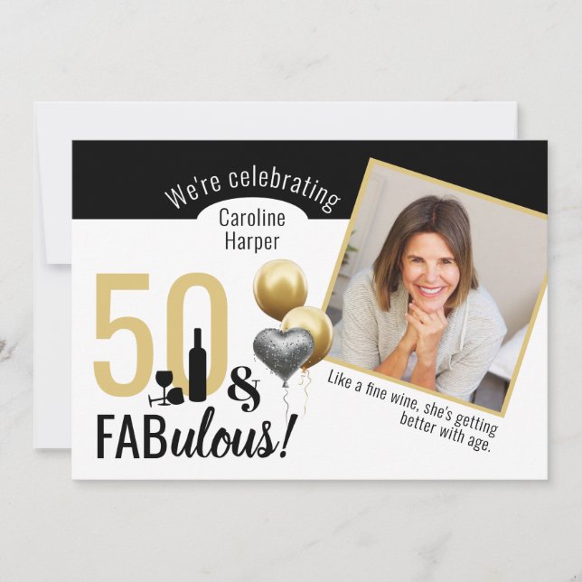 Invitation 50 & Fabuleux Photo Gold & Black Modern Anniversai (Devant)