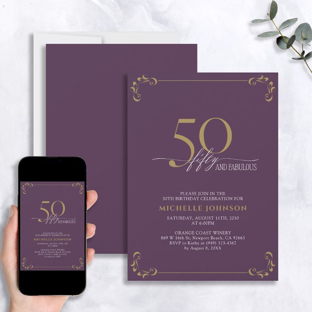 Invitation 50 & Fabuleux Purple & Gold Calligraphy Anniversai (Créateur téléchargé)