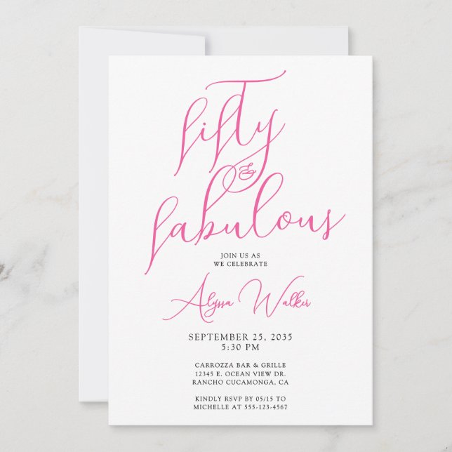 Invitation 50 & Fabuleux Rose Moderne Écriture 50e Anniversai (Devant)
