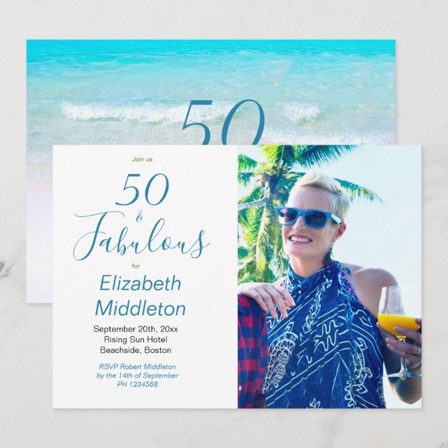 Invitation 50 Fabulous Beach Blue Modern Photo Typographie (Devant / Derrière)