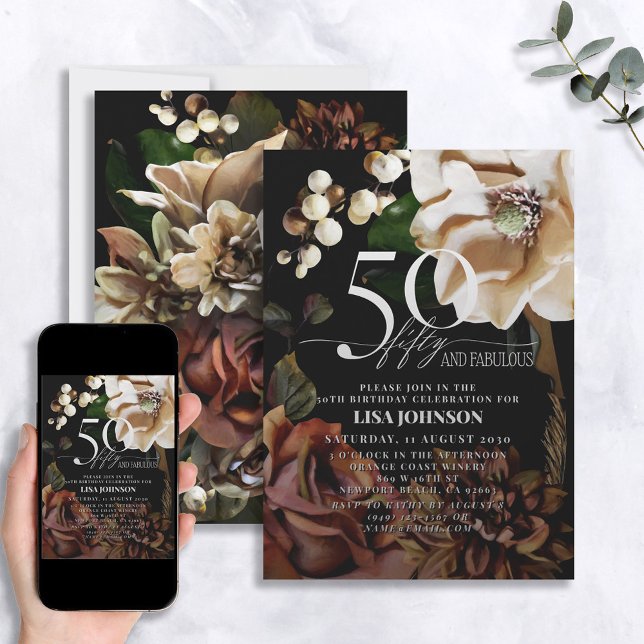 Invitation 50 & Fabulous Dark Moody Neutral Magnolia Floral (Créateur téléchargé)