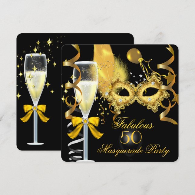 Invitation 50 & Fabulous Gold Black Masquerade Party (Devant / Derrière)
