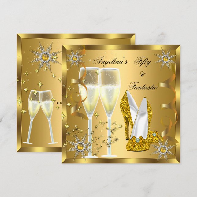 Invitation 50 & Fantastic Champagne Heels Gold Snowflakes (Devant / Derrière)