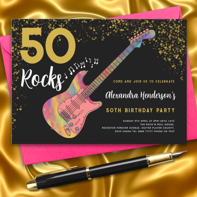 Invitation 50 Rocks 50e fête d'anniversaire Pink Black Gold (50 Rocks pink black and gold glitter 50th birthday party invitation modern funky colorful guitar)