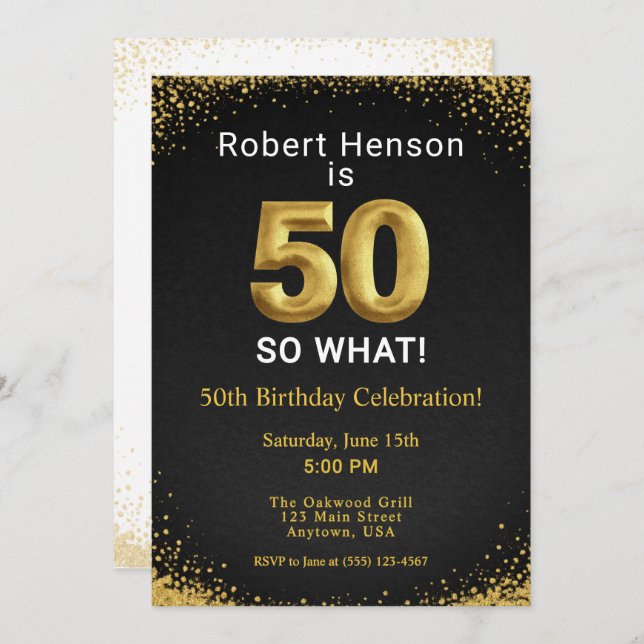 Invitation 50 So What Black Gold 50th Birthday (Devant / Derrière)