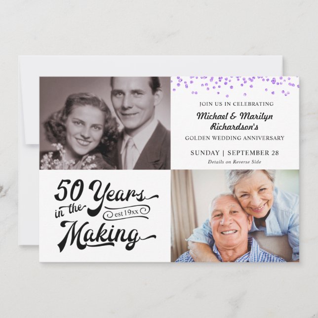 Invitation 50e anniversaire 2 photos Confetti violet (Devant)