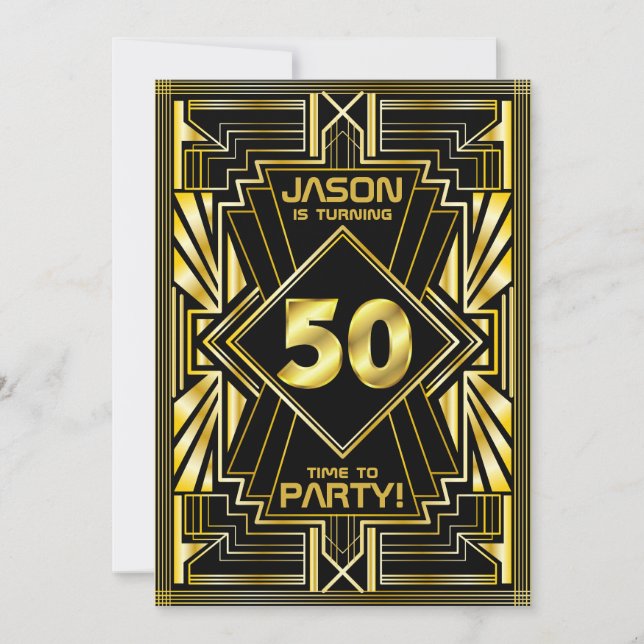 Invitation 50e anniversaire Art Déco Gold Black Great Gatsby (Devant)