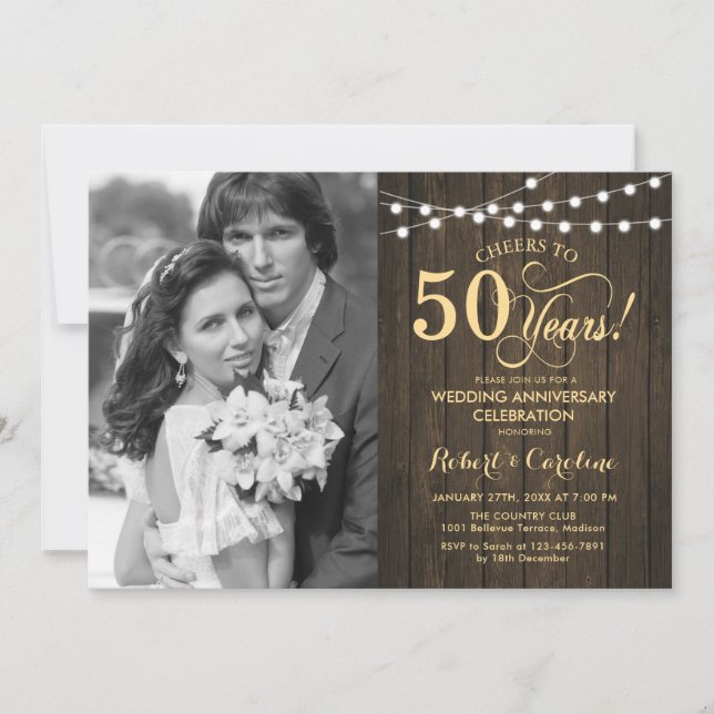 Invitation 50e anniversaire avec photo - Bois rustique or (Devant)