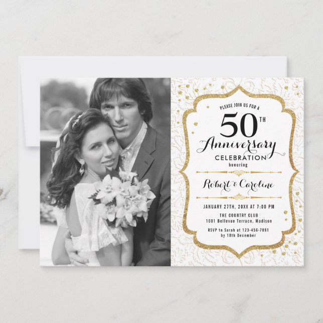 Invitation 50e Anniversaire avec Photo - Élégant Or Blanc (Devant)