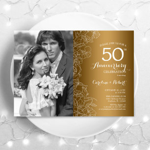 Invitation 50e anniversaire avec photo - Floral blanc or