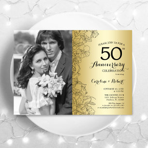 Invitation 50e Anniversaire Avec Photo - Floral Or