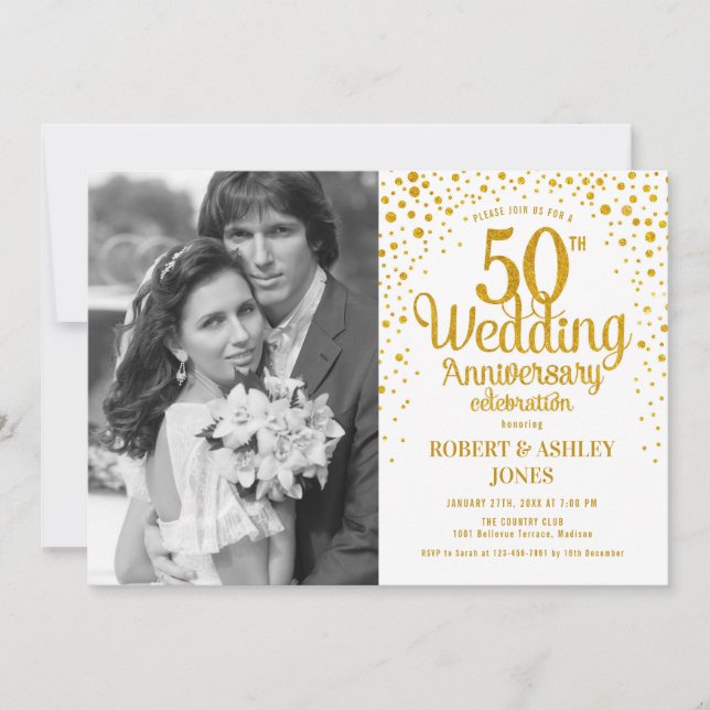 Invitation 50e anniversaire avec photo - or blanc (Devant)