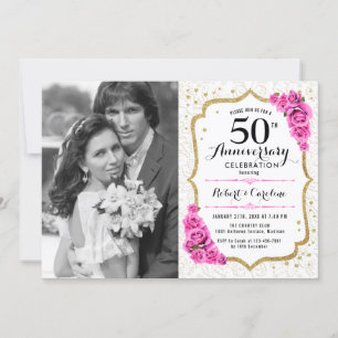 Invitation 50e anniversaire avec photo - Or rose blanc